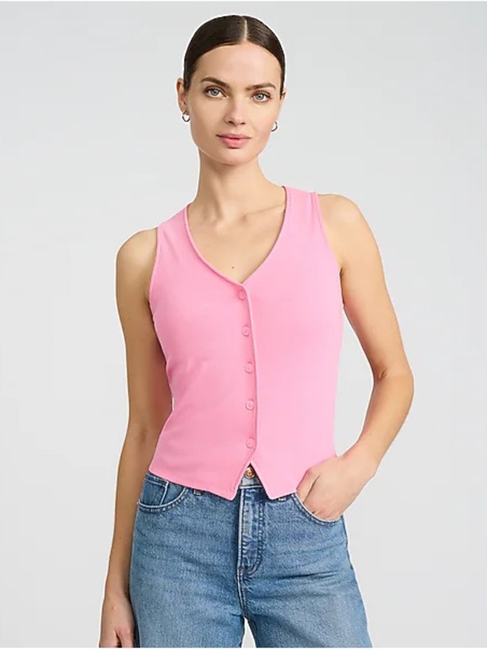 Express ribbed Sleeveless bubble gum Pink Button-Front V-Neck Vest Top